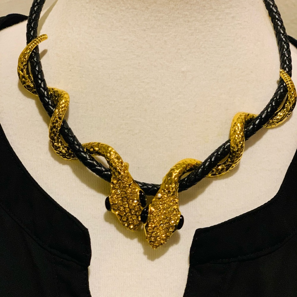 Betsey Johnson Black Braided Snake Collar Necklace with Gold Tone Heads